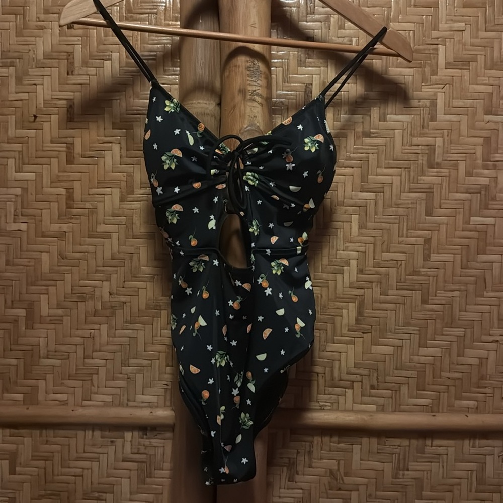 PINK Black citrus lemon orange one piece Swimsuit small